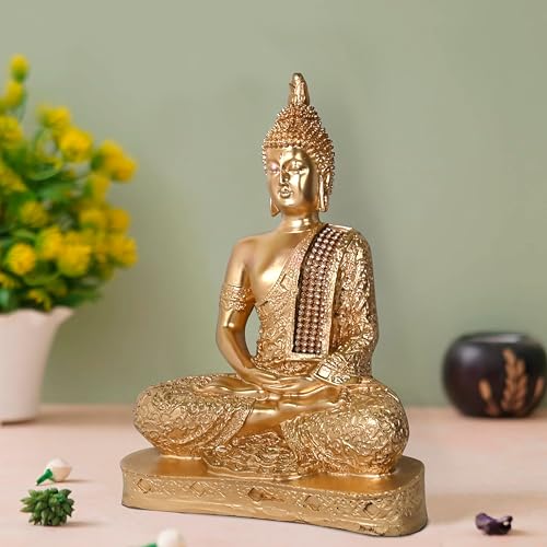 Rousrie Buddha Idol Statue for Living Room, Resin Gautam Buddha Showpiece for Home Décor (Height – 23 cm) (Full Gold) - Image 2