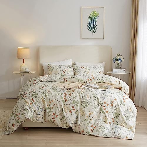AMWAN Fresh Botanical Floral Duvet Cover Full Size Cotton Garden Bedding Sets Chic Vintage Comforter Aesthetic Flower Boho with Zipper - Image 1