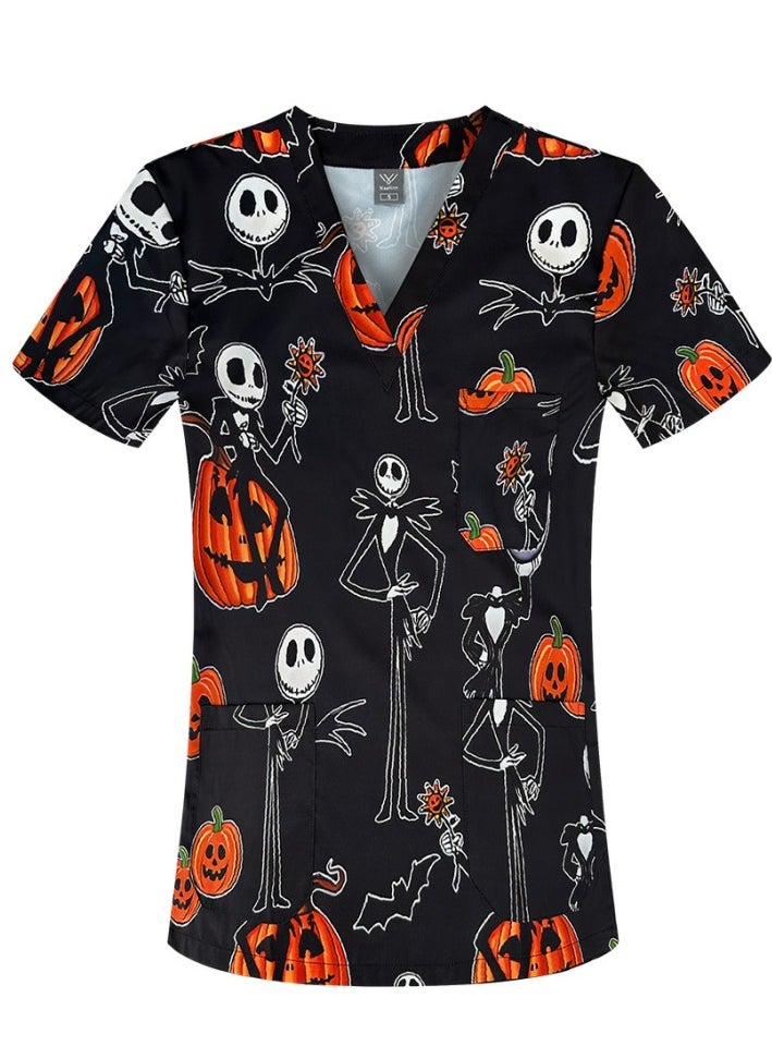 Loquat Unisex Printed V-Neck Medical Uniform Scrubs Top Comfty Soft Workwear 