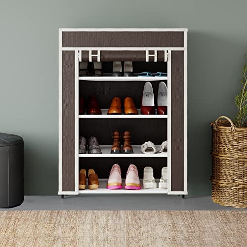 GTC® Multipurpose Portable Shoe Cabinet Rack Light Weight Foldable Shelves Storage Organizer with Wardrobe Cover for Home (4 Layer, Brown) Storage Unit - Image 1