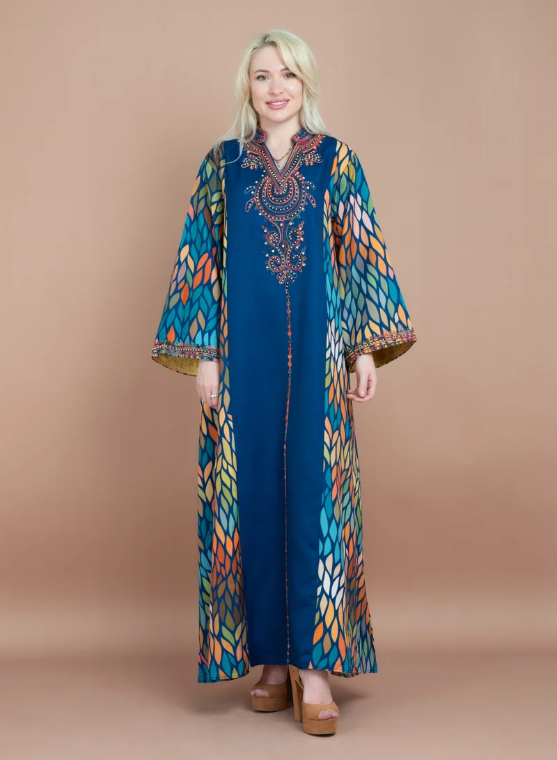 IKKXA Mandarin Collar Embroidered Jalabiya CJ1059 Blue