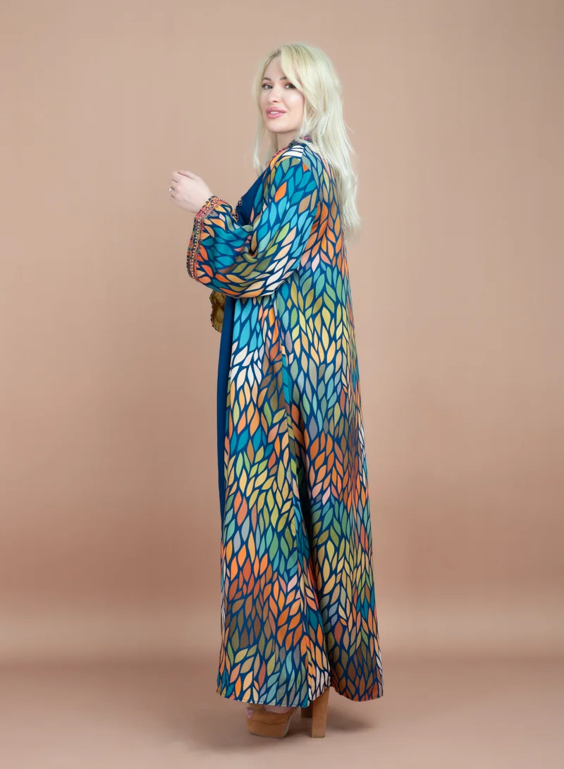 IKKXA Mandarin Collar Embroidered Jalabiya CJ1059 Blue