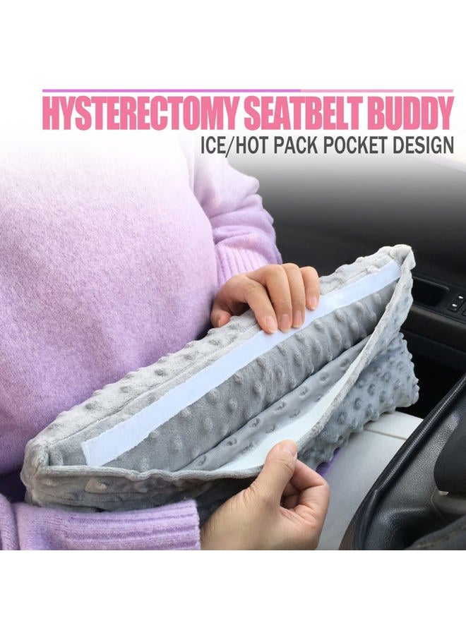 HapiPoppy Hysterectomy Seatbelt Pillow Post Abdominal Surgery Myomectomy Pillows with Pocket for Ice/Hot Packs Breast Reduction Belly Incision Tummy Tuck C-Section Recovery Patients Gifts Minky Dot Light Gray - Image 2