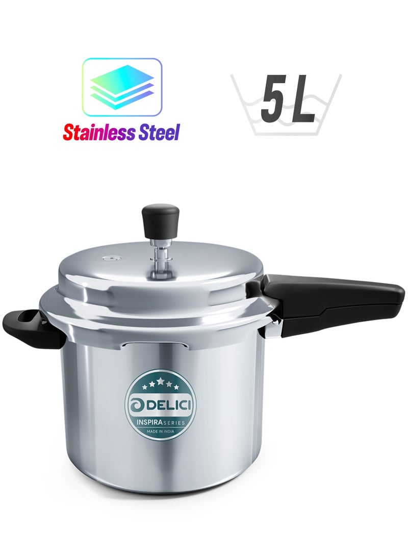 DELICI 5 Liter Stainless Steel Pressure Cooker, Fast, Efficient, And Safe Cooking with Durable Body, Strong Anti-bulging Bottom, Safe Gasket Release Vent System,5 Years Warranty (SPC5E)  - Image 1