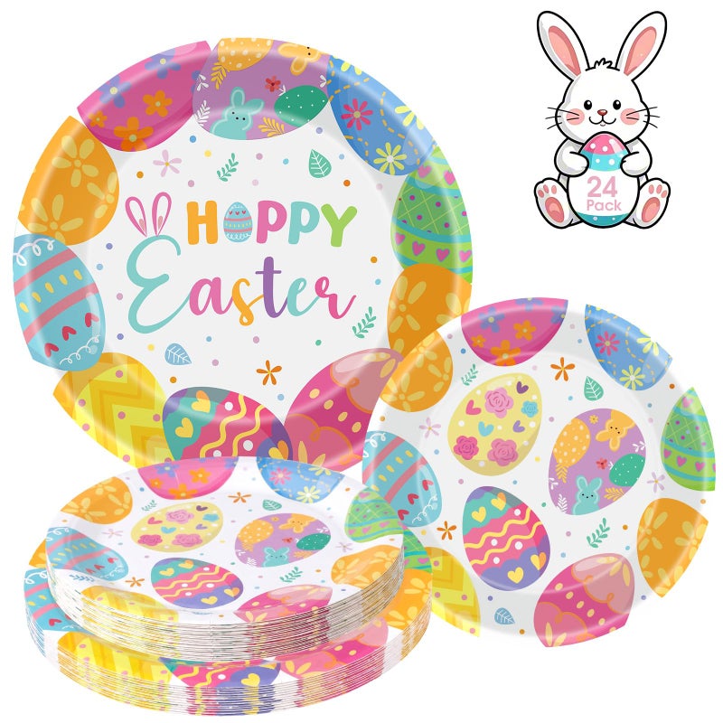 Litmitfu 24 Pcs Happy Easter Paper Plates - Cute Round Spring Easter Plates, Colorful Eggs Dinner Dessert Plate Disposable Dinnerware Set for Spring Holiday Easters Party Table Decorations Supplies Favors - Image 1