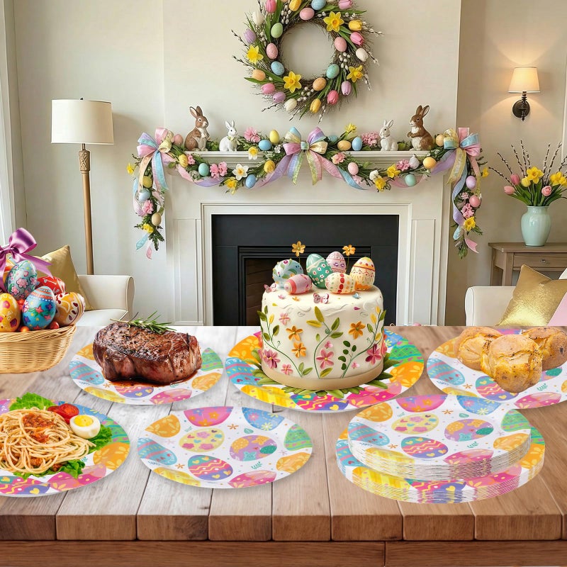 Litmitfu 24 Pcs Happy Easter Paper Plates - Cute Round Spring Easter Plates, Colorful Eggs Dinner Dessert Plate Disposable Dinnerware Set for Spring Holiday Easters Party Table Decorations Supplies Favors - Image 2