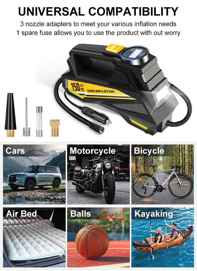 Carsun Portable Car Tyre Inflator,Digital Air Compressor,12V Fast Tire Inflator with 22mm Cylinder/Auto Stop/LED Light/Digital Pressure Gauge/Handle,150 PSI Cycle Air Pump for Car,Motorcycle,Bicycle,Ball,Other Inflatables  - Image 5