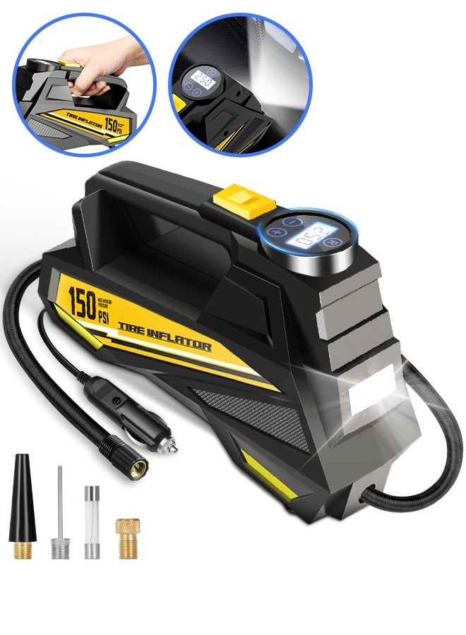 Portable Car Tyre Inflator,Digital Air Compressor,12V Fast Tire Inflator with 22mm Cylinder/Auto Stop/LED Light/Digital Pressure Gauge/Handle,150 PSI Cycle Air Pump for Car,Motorcycle,Bicycle,Ball,Other Inflatables