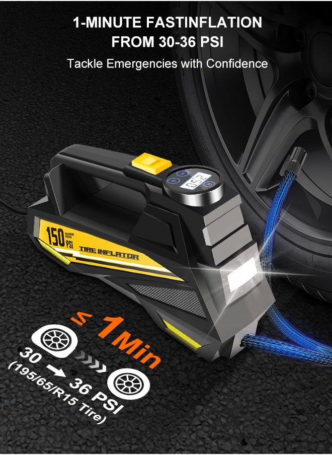 Carsun Portable Car Tyre Inflator,Digital Air Compressor,12V Fast Tire Inflator with 22mm Cylinder/Auto Stop/LED Light/Digital Pressure Gauge/Handle,150 PSI Cycle Air Pump for Car,Motorcycle,Bicycle,Ball,Other Inflatables  - Image 2