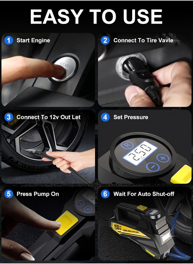 Carsun - Portable Car Tyre Inflator,Digital Air Compressor,12V Fast Tire Inflator with 22mm Cylinder/Auto Stop/LED Light/Digital Pressure Gauge/Handle,150 PSI Cycle Air Pump for Car,Motorcycle,Bicycle,Ball,Other Inflatables - Image 1