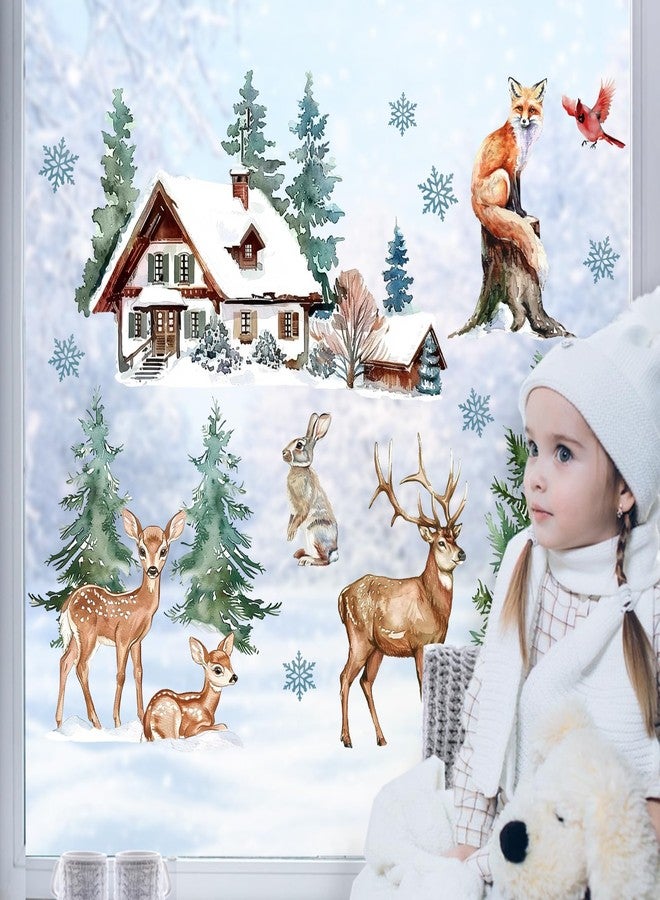 Mfault Winter Wildlife Window Clings, Forest Animals Reindeer Cardinal Fox Rabbit House Pine Tree Stickers Decals Decorations, Farmhouse Christmas Woodland Snowflake Home Living Room Kitchen Decor - Image 3