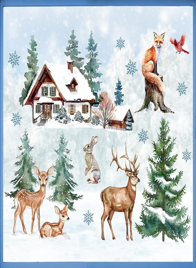 Mfault Winter Wildlife Window Clings, Forest Animals Reindeer Cardinal Fox Rabbit House Pine Tree Stickers Decals Decorations, Farmhouse Christmas Woodland Snowflake Home Living Room Kitchen Decor - Image 1