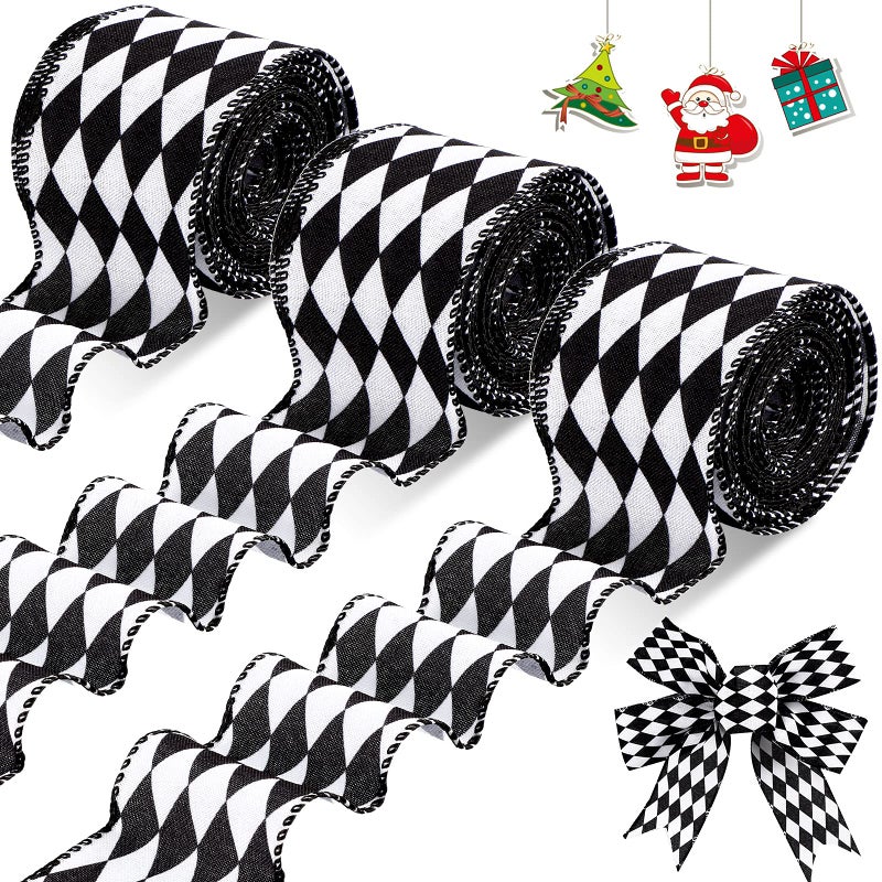 Luinabio 3 Rolls 30 Yards Black White Harlequin Ribbon Checkered Wired Ribbon Decorative for Xmas Fall Tree Wrapping Wreath Bouquet Crafts25 Inch Wide
