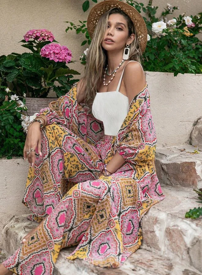 Take Two Take Two All-Over Print Kimono and Wide Leg Pants Co-Ords
