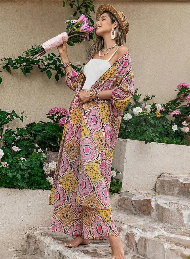 Take Two Take Two All-Over Print Kimono and Wide Leg Pants Co-Ords