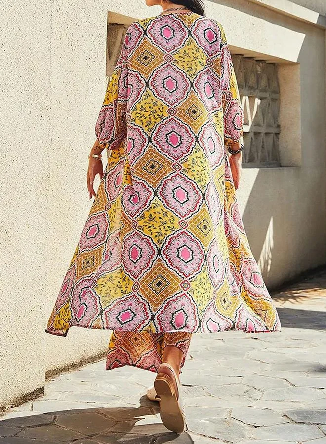 Take Two Take Two All-Over Print Kimono and Wide Leg Pants Co-Ords