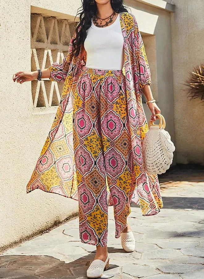 Take Two Take Two All-Over Print Kimono and Wide Leg Pants Co-Ords