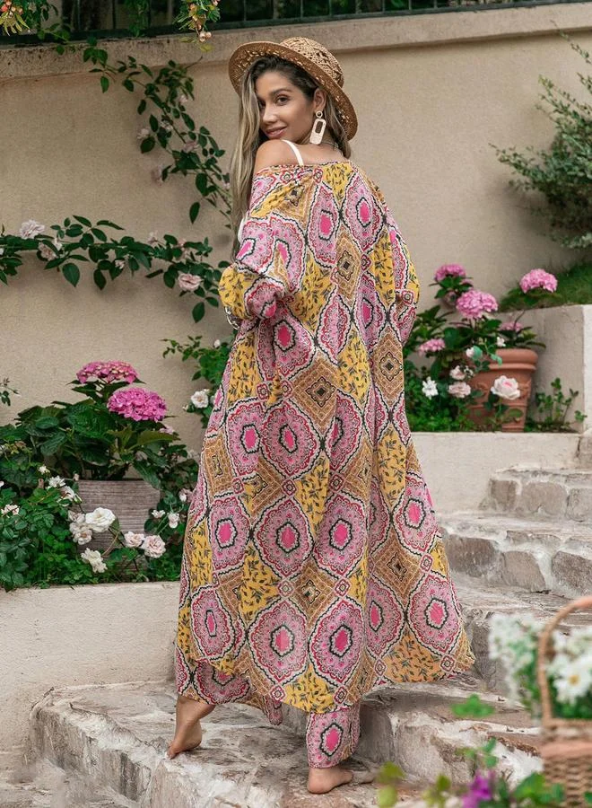 Take Two Take Two All-Over Print Kimono and Wide Leg Pants Co-Ords