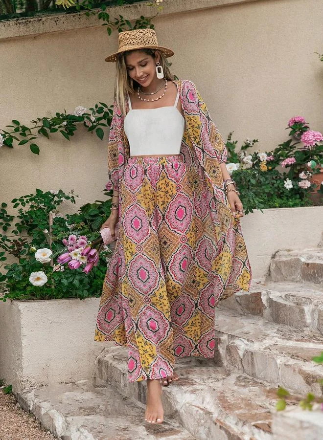 Take Two Take Two All-Over Print Kimono and Wide Leg Pants Co-Ords