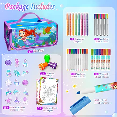 weirtoya 56 PCS Washable Scented Markers with Glitter Pencil Case Mermaid Unicorn Arts and Crafts for kids 468 Kids Coloring Drawing Kits for 48 Years Old Girls Mermaid 56 - Image 5