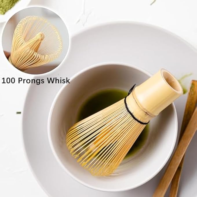 Unity 7Piece Japanese Matcha Tea Set  Pure White Ceramic Bowl 100Prong Bamboo Whisk Scoop Sifter  Accessories  Complete Matcha Ceremony Kit Pink Flower - Image 3