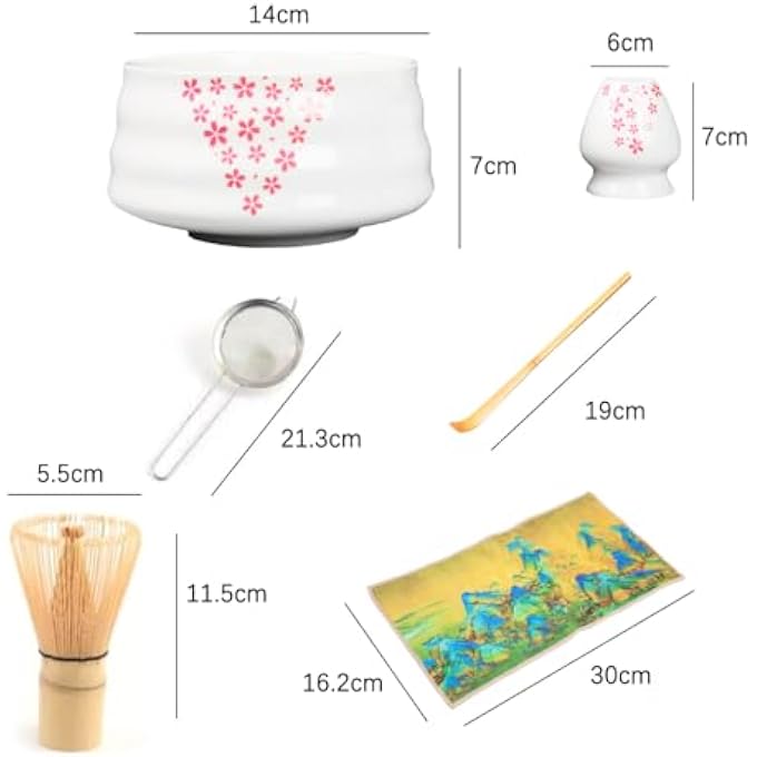 Unity 7Piece Japanese Matcha Tea Set  Pure White Ceramic Bowl 100Prong Bamboo Whisk Scoop Sifter  Accessories  Complete Matcha Ceremony Kit Pink Flower - Image 5
