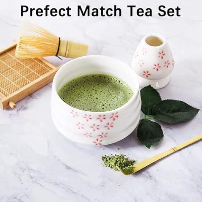 Unity 7Piece Japanese Matcha Tea Set  Pure White Ceramic Bowl 100Prong Bamboo Whisk Scoop Sifter  Accessories  Complete Matcha Ceremony Kit Pink Flower - Image 4