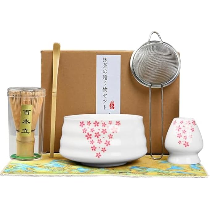 Unity 7Piece Japanese Matcha Tea Set  Pure White Ceramic Bowl 100Prong Bamboo Whisk Scoop Sifter  Accessories  Complete Matcha Ceremony Kit Pink Flower - Image 1