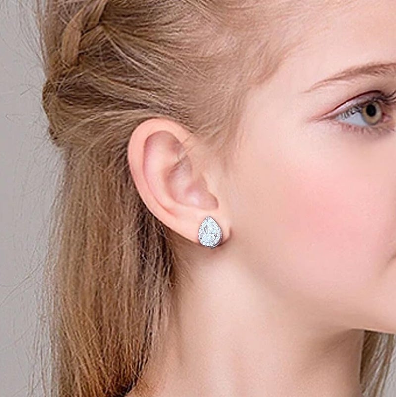 SELOVO Teardrop Bridal Wedding Clear White Cubic Zirconia Clip On Earrings Stud Silver Tone - Image 3
