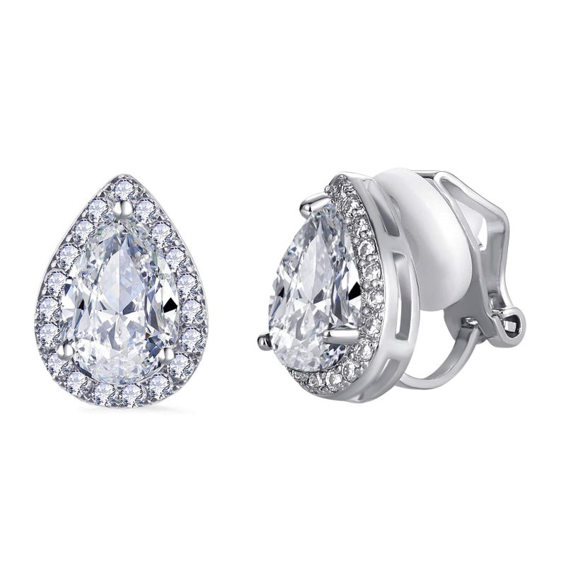 SELOVO Teardrop Bridal Wedding Clear White Cubic Zirconia Clip On Earrings Stud Silver Tone - Image 1