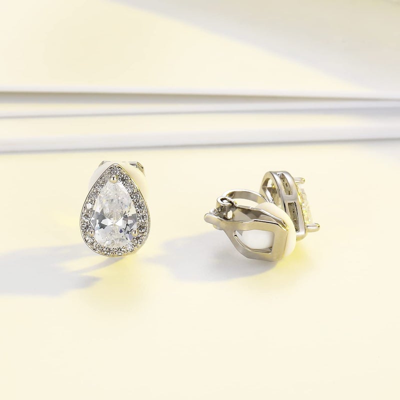 SELOVO Teardrop Bridal Wedding Clear White Cubic Zirconia Clip On Earrings Stud Silver Tone - Image 4