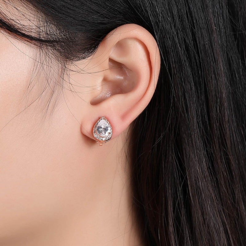 SELOVO Teardrop Bridal Wedding Clear White Cubic Zirconia Clip On Earrings Stud Silver Tone - Image 2