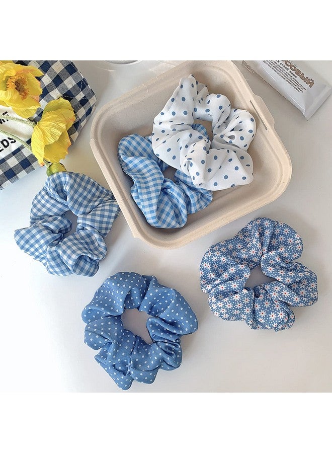 LOOKSEVEN Scrunchies For Hair, Blue Plaid Hair Scrunchies For Women, Bandana Scrunchies, 5Pcs Bandana Scrunchy Hair Ties, Scrunchies Hair Ties For Women. (Blue Plaid) - Image 2