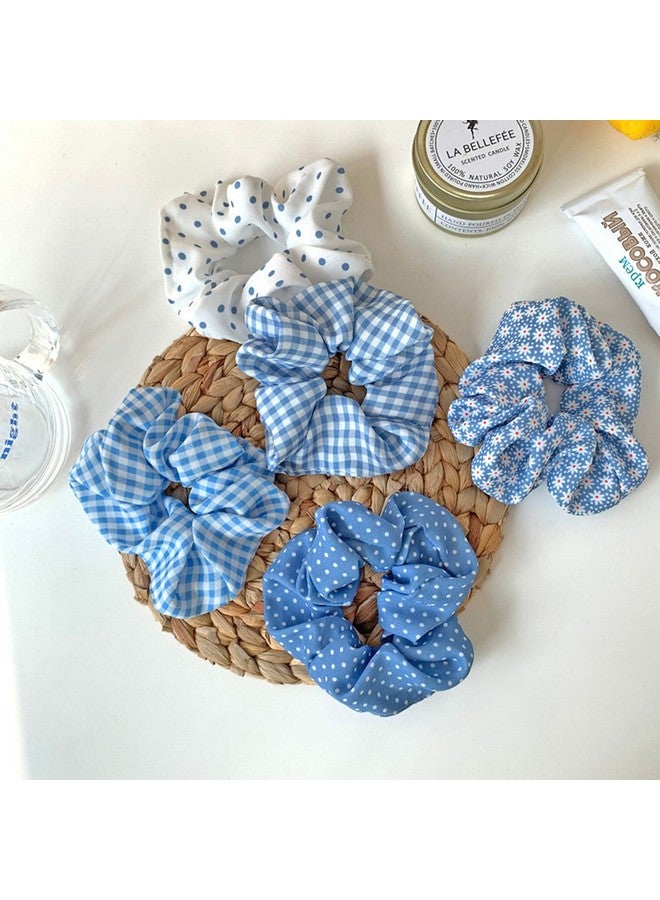 LOOKSEVEN Scrunchies For Hair, Blue Plaid Hair Scrunchies For Women, Bandana Scrunchies, 5Pcs Bandana Scrunchy Hair Ties, Scrunchies Hair Ties For Women. (Blue Plaid) - Image 3