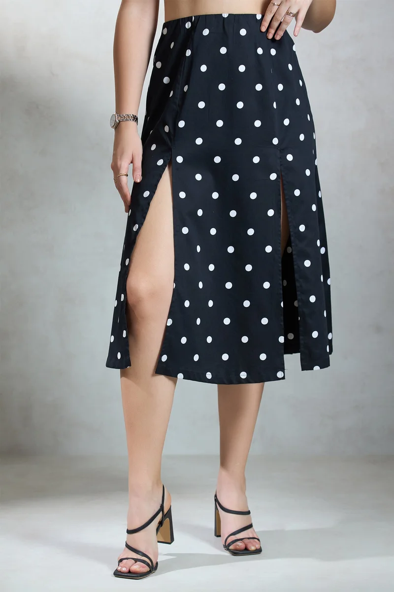 فيرجيو Printed  Cotton Front-Slit Polka Print Skirt for Women