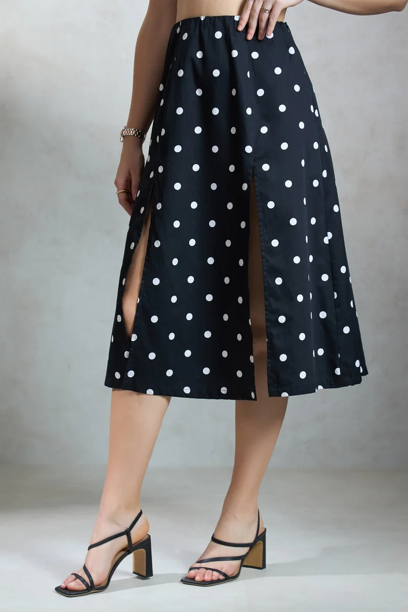 فيرجيو Printed  Cotton Front-Slit Polka Print Skirt for Women