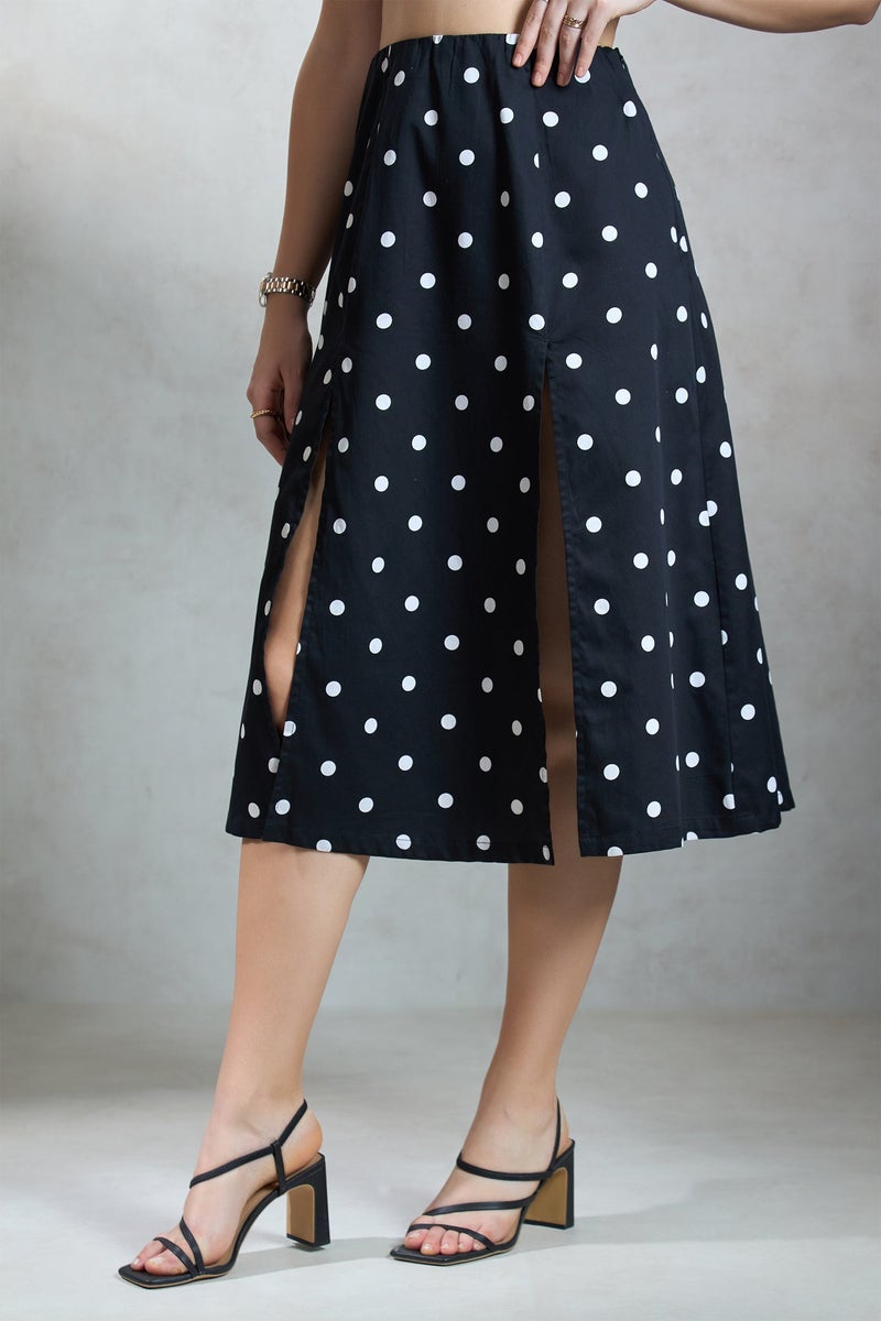 Virgio Printed  Cotton Front-Slit Polka Print Skirt for Women - Image 2