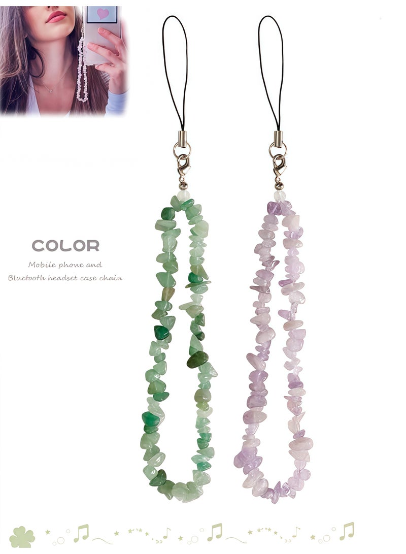 2 Pcs Phone Charms Chain Strap for Women Girls, Handmade Bohemian Style Cell Phone Case Lanyard Wrist Strap, Natural Gemstone Charms for Keychain - Image 1