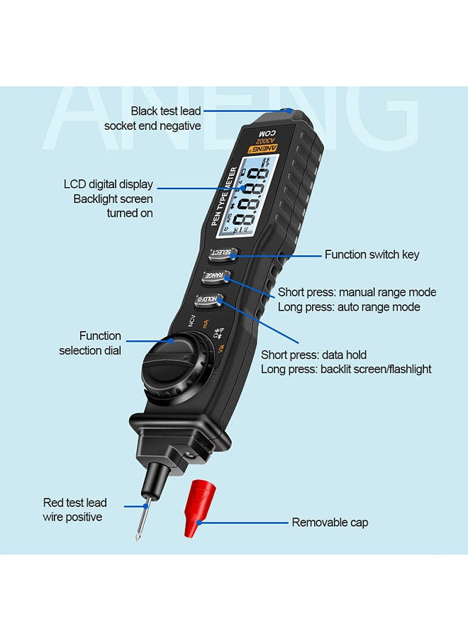 ANENG - ANENG A3002 Pen Multimeter 4000 Counts Digital Multimeter Pen Non-contact Handheld Tester AC/DC Voltage / Diode / Continuity Testing Tool with Backlight Flashlight - Image 1