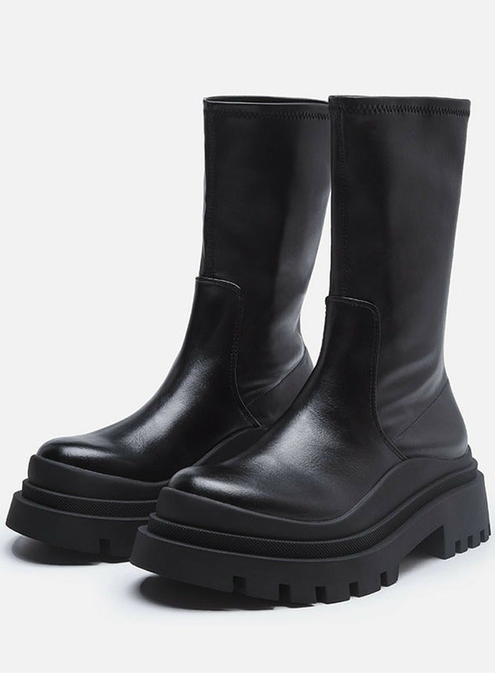 Loquat Women's Platform Boots Mid Calf Elastic Chunky Block Heel Elastic tube Martin Boots  - Image 1