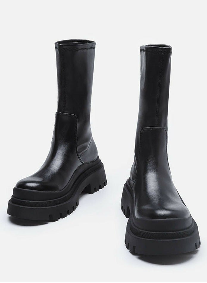 Loquat Women's Platform Boots Mid Calf Elastic Chunky Block Heel Elastic tube Martin Boots  - Image 2