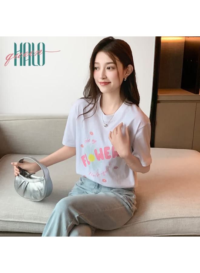 HALOQUEEN Halo Queen Women's Short Sleeve T-shirt, Summer Undershirt, Fashion Floral Print Loose Top H143t1419 - Image 5