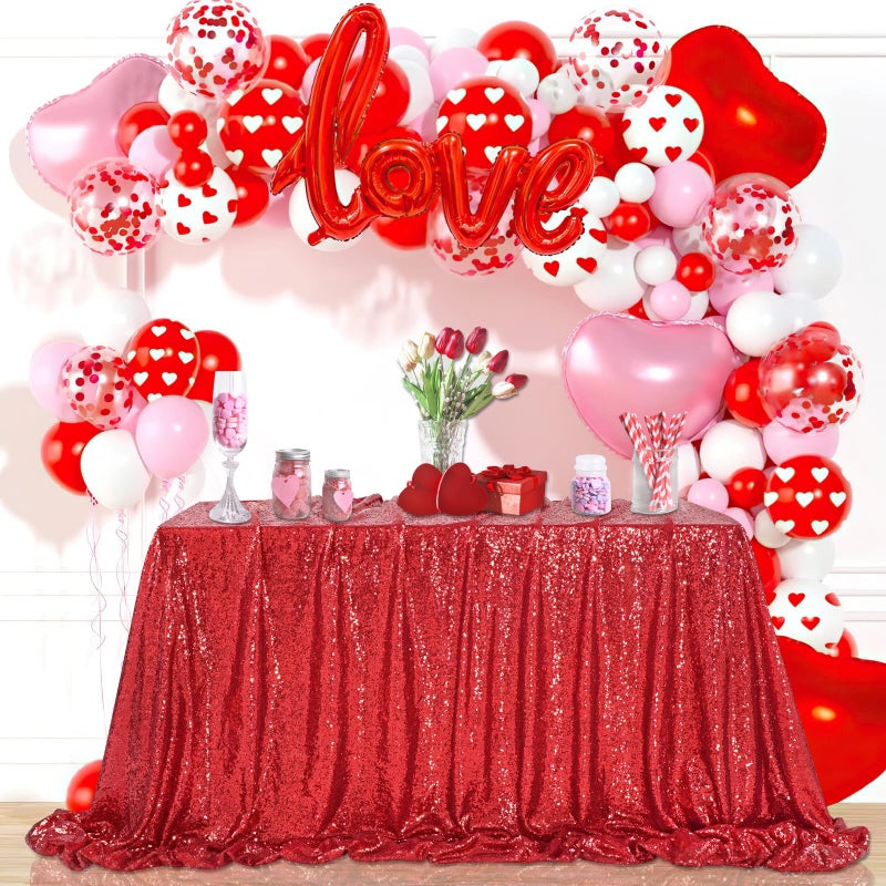 QueenDream Sequin Tablecloth 90x156 Red Tablecloth Rectangular Party Tablecloth for Christmas Wedding Birthday Bridal Shower Decorations