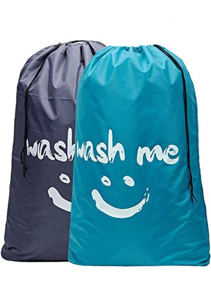 2 pack xl wash me travel laundry bag, machine washable dirty clothes organizer, large enough to hold 4 loads of laundry, easy fit a laundry hamper or basket, light blue and grey - Image 1