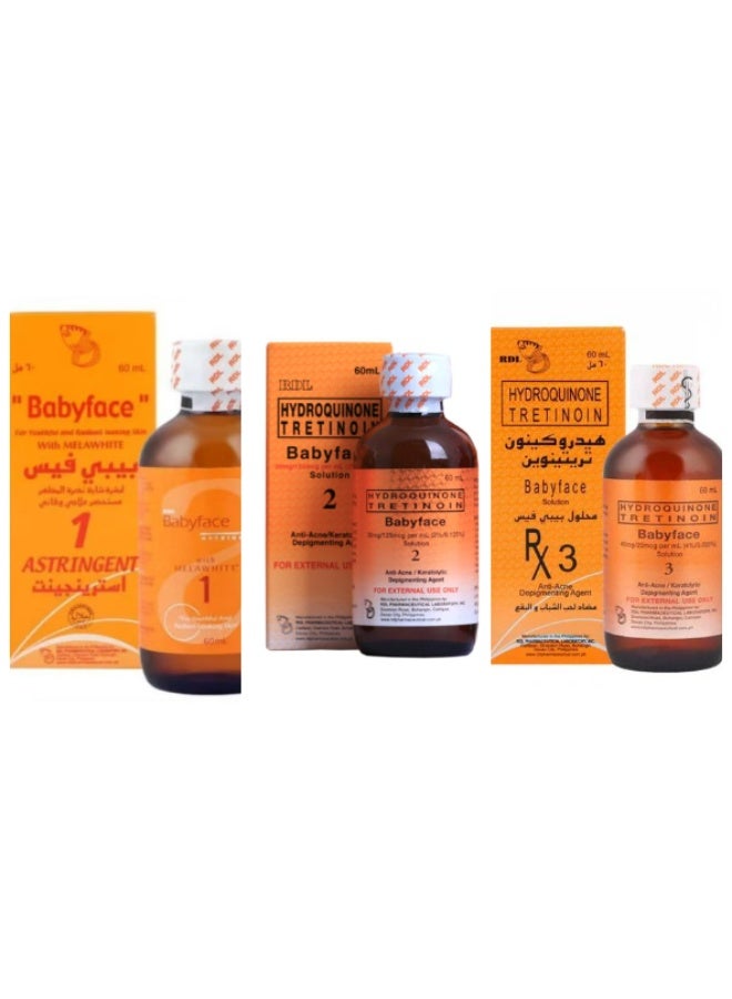Three Pcs Of Babyface NO1 + No2 + NO3 Solution Clear Anti Acne Depigmenting Agent 60ml