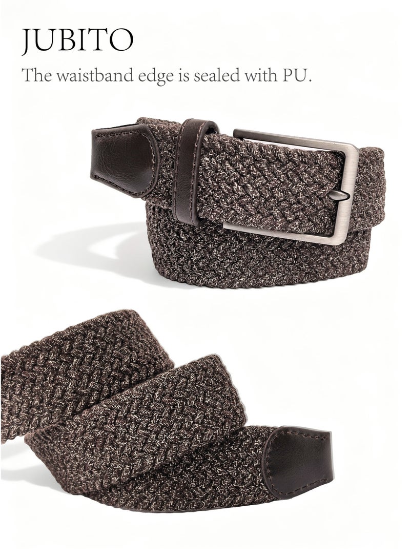 JUBITO Belts, unisex sports and leisure commuting elastic fabric woven belt, beautiful PU edge banding, stretch polyester cotton belt, punch-free design (brown, 110cm) - Image 3