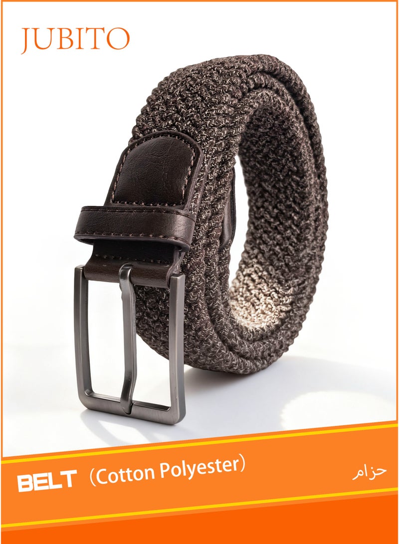 JUBITO Belts, unisex sports and leisure commuting elastic fabric woven belt, beautiful PU edge banding, stretch polyester cotton belt, punch-free design (brown, 110cm) - Image 1