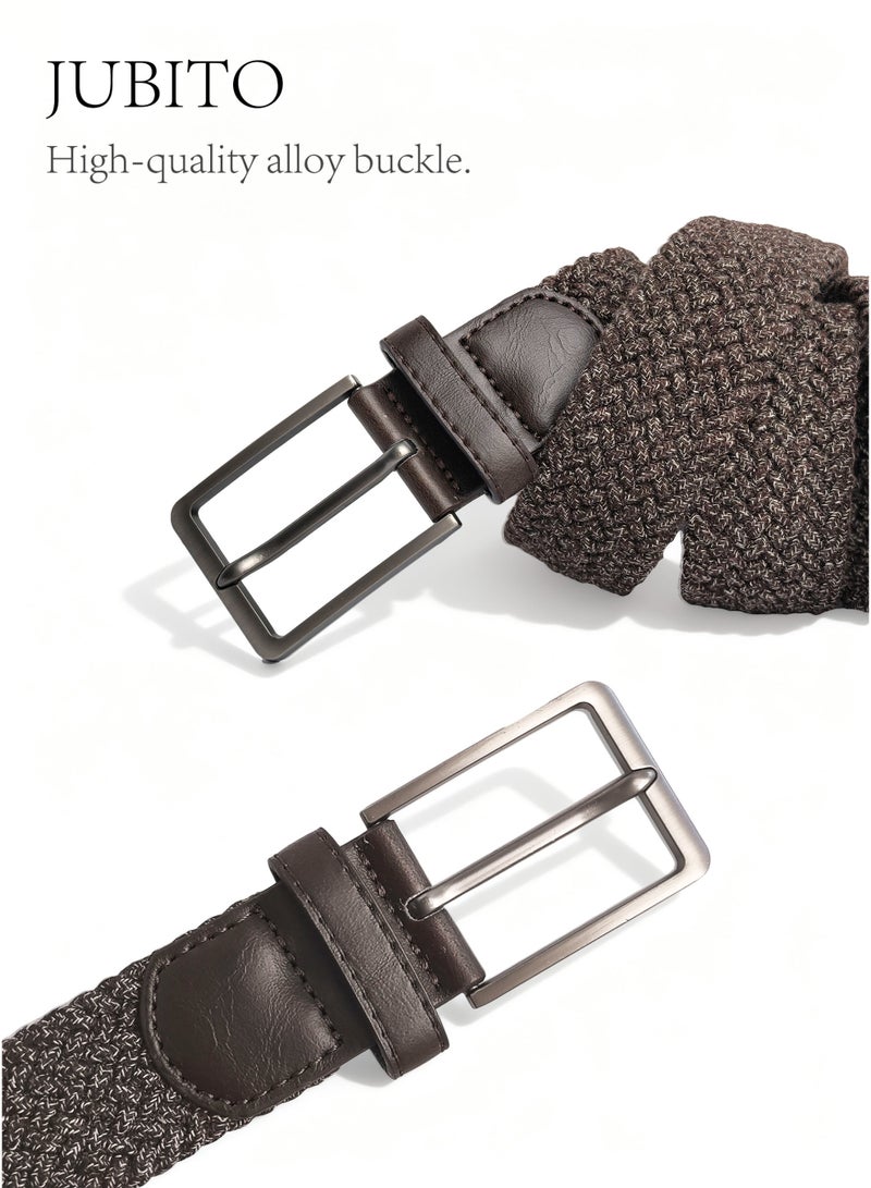 JUBITO Belts, unisex sports and leisure commuting elastic fabric woven belt, beautiful PU edge banding, stretch polyester cotton belt, punch-free design (brown, 110cm) - Image 2