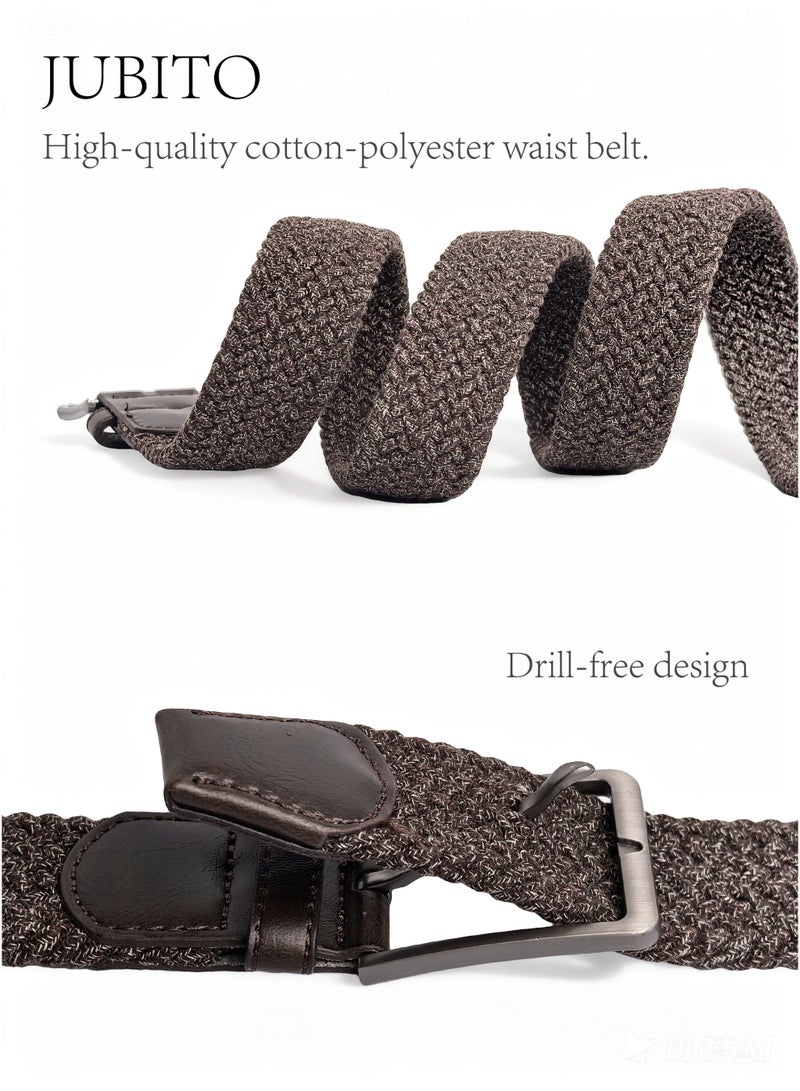 JUBITO Belts, unisex sports and leisure commuting elastic fabric woven belt, beautiful PU edge banding, stretch polyester cotton belt, punch-free design (brown, 110cm) - Image 4
