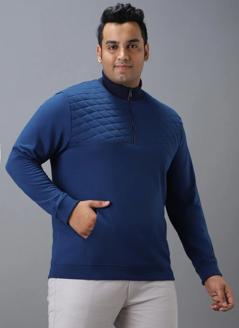 Urbano Plus Men's Blue Cotton Solid Zippered High Neck Sweatshirt